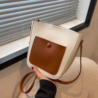 Set: Two-tone Faux Leather Bucket Crossbody Bag + Pouch