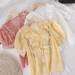 V-neck Lace Ruffle Short-sleeve Chiffon Top