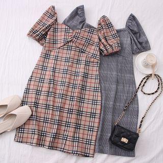 Wide-neck Plaid Mini Dress