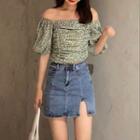 Floral Print Puff-sleeve Blouse / Slit Mini A-line Denim Skirt