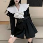 Set: Long-sleeve Double Breasted Dress + Belt Set Of 2 - Dress & Belt - Black - One Size