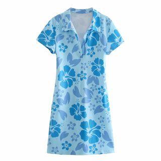 Short-sleeve Floral Print Polo-neck A-line Dress