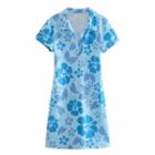 Short-sleeve Floral Print Polo-neck A-line Dress