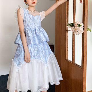 Sleeveless Ruffle Trim Top / Two-tone Panel Midi A-line Skirt