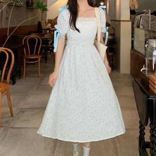 Puff-sleeve Square-neck Lace Trim Floral Bow Accent A-line Dress