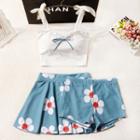 Set: Tie-shoulder Tankini + Floral Print Swim Skirt