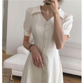 Contrast Stitching Puff-sleeve Button Midi A-line Dress