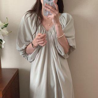 Elbow-sleeve V-neck Plain Open Back Midi A-line Dress