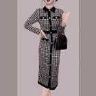 Long-sleeve Houndstooth Collared Midi Sheath Dress Black & White - One Size