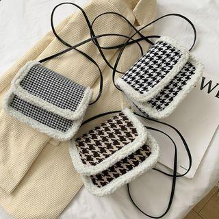 Fleece Trim Houndstooth Crossbody Bag