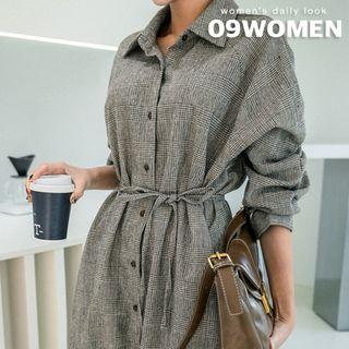 Glen-plaid Long Shirtdress With Sash Brown - One Size