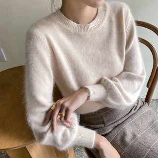 Bishop-sleeve Furry Knit Top
