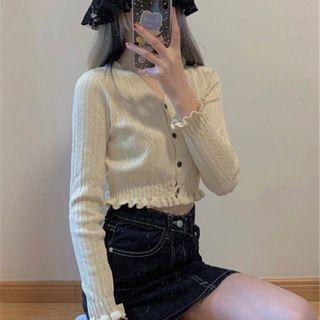 Ruffle Trim Cropped Knit Cardigan White - One Size