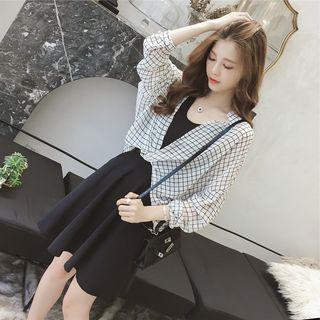 Set: A-line Tank Dress + Grid Print Open Front Twist Blouse