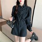 Puff-sleeve Drawstring Jacket / High-waist Mini Skirt