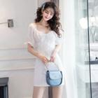 Lace-up Puff-sleeve Mini Sheath Eyelet Dress