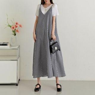 V-neck Gingham Maxi Overall Dress