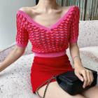 V-neck Short-sleeve Knit Top 6603 - Shirt - Red - One Size