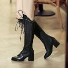 Lace-up Mesh Panel Chunky-heel Tall Boots