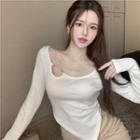 Long-sleeve Faux Pearl Asymmetrical T-shirt