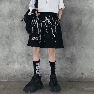 Lettering Lightning Print Straight Leg Shorts
