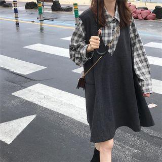 Plain 3/4-sleeve Shirt / Sleeveless A-line Dress