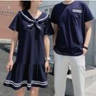 Couple Matching Striped Short-sleeve T-shirt / Sailor Collar Short-sleeve A-line Dress