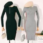 Half-zip Contrast-trim Midi Knit Sheath Dress