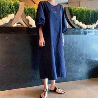 Shirred-sleeve Slit-side Dress