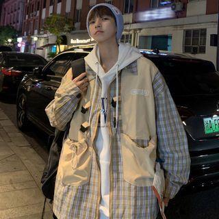 Mock Two-piece Plaid Panel Zip-up Jacket