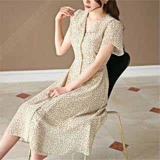 Petal-sleeve Dotted Long Chiffon Dress