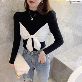 Tie-front Panel Mock Neck Knit Top