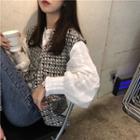 Lace Long-sleeve Blouse / Check Vest