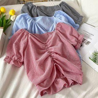 Puff-sleeve Gingham Shirred Blouse