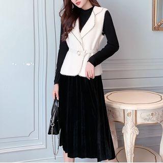 Set: Long-sleeve Midi Dress + Contrast Trim Vest