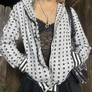 Long Sleeve Star Printed Loose-fit Zip-up Hooded Jacket