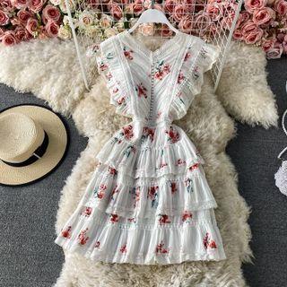 Sleeveless Lace Trim Floral Print Tiered Dress