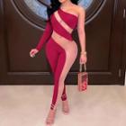 Two-tone Long Sleeve One-shoulder Jumpsuit