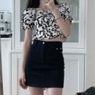 Short-sleeve Printed Blouse / Mini Fitted Dedim Skirt