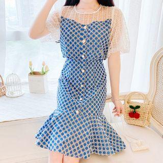 Short-sleeve Mesh Panel Denim Midi Mermaid Dress