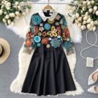 Embroidered Mesh Long-sleeve Mock Two-piece Dress