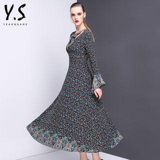 Floral Print Bell-sleeve A-line Midi Dress