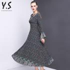 Floral Print Bell-sleeve A-line Midi Dress