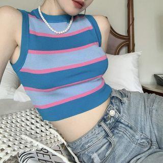 Striped Knit Crop Tank Top Tank Top - Stripes - Blue - One Size