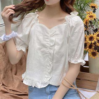 Square Neck Ruffle Plain Crop Shirt White - One Size