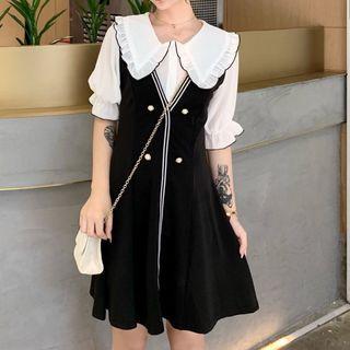 Mock Two-piece Short-sleeve Collar A-line Dress