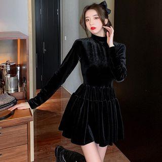 Mock Neck Long Sleeve Velvet Layered Mini A-line Dress