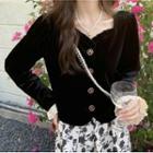 Lace Trim Button-up Blouse / Flower Print Midi A-line Skirt