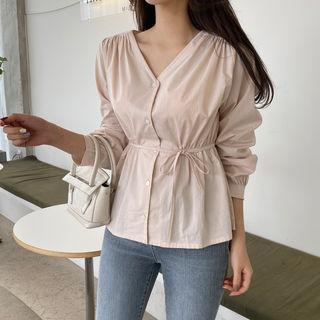 V-neck Shirred-trim Tie-waist Blouse