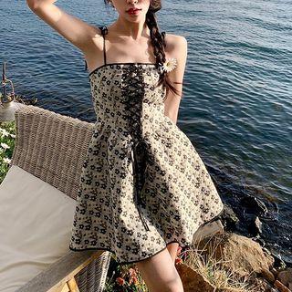 Floral Lace Up A-line Spaghetti-strap Dress